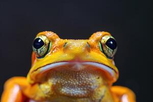 vistoso rana con sorprendentes ojos reflejando el lozano ambiente de el selva foto