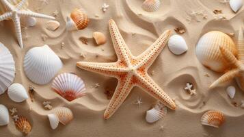 Starfish and shells on sandy beach background photo