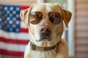 A dog wearing sunglasses and an american flag photo
