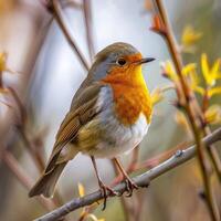 European robin perched on a branch in spring nature photo