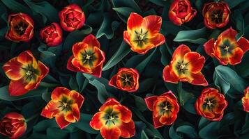 Top view of beautiful blooming red and yellow tulips, symbolizing spring and natural beauty photo