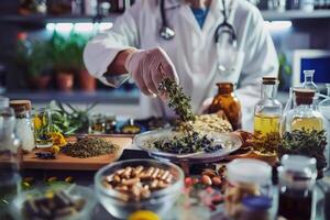Scientist or doctor making alternative medicine herb in laboratory. photo