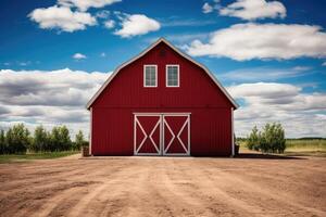 Red barn on farm landscape photo