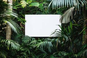 Blank billboard in a lush green jungle setting photo