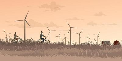 Man and woman riding bicycle together in countryside fields with wind turbines and vanilla sky background flat design illustration. Sustainable renewable green energy concept. vector