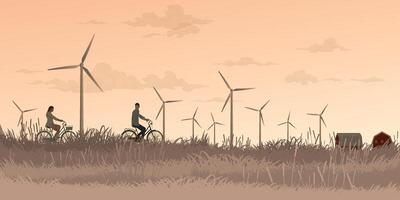 Man and woman riding bicycle together in countryside fields with wind turbines and vanilla sky background flat design illustration. Sustainable renewable green energy concept. vector