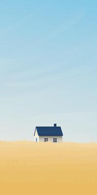Wheat field with country house and blue sky vertical background have blank space. Countryside summer background gold colors grain nature. Autumn agriculture landscape.