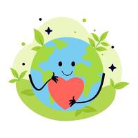 Cute smiling earth planet with heart isolated on white background. Earth day, world environment day concept design. cartoon character illustration. vector