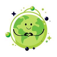 Cute smiling earth planet with heart isolated on white background. Earth day, world environment day concept design. cartoon character illustration. vector