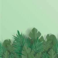 Green leaves frame on green background. Trendy origami paper art cut style illustration. photo