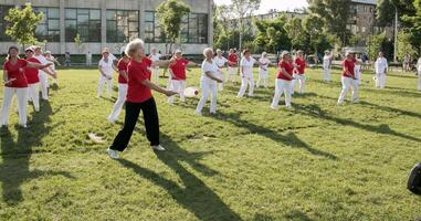 Dnepr, Ukraine - 06.21.2021 Group of elderly people doing health and fitness gymnastics in the park. photo