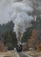 Clásico vapor tren ondulante fumar y vapor como eso se mueve mediante el montañas.en un frío y Nevado día. foto