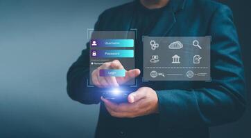 concepto ciber seguridad proteccion de intimidad personal datos. empresario pulgares arriba huella dactilar a escanear biométrico autenticación a conectar nombre de usuario y contraseña para desbloquear sistema seguro crimen hacker foto