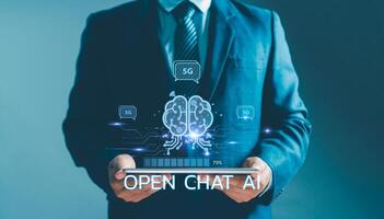 Chat with Ai tech, Artificial Intelligence. businessman hand show virtual screen Internet connect user Innovation technology brain smart robot. Command set to analyze data and commercial processing. photo