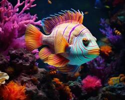 Fish in freshwater aquarium with beautiful planted tropical. Colorful back. Ai. . photo