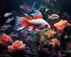 Fish in freshwater aquarium with beautiful planted tropical. Colorful back. Ai. . photo