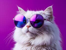 Portrait of a white fluffy cat wearing round sunglasses. Luxurious domestic kitty in glasses poses on pink background wall photo