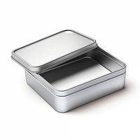 rectangular estaño caja con un abierto tapa. metal caja para varios propósitos. aislar en un blanco espalda foto