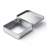 Rectangular tin box with an open lid. Metal box for various purposes. Isolate on a white back photo