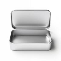 Rectangular tin box with an open lid. Metal box for various purposes. Isolate on a white back photo