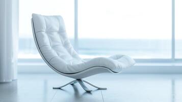 pulcro blanco salón silla en minimalista habitación con mar vista, ideal para relajación y moderno decoración temas foto