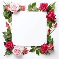 Elegant rose floral frame, white blank space, romantic border design photo