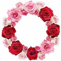 redondo Rosa marco con vibrante rosado y rojo flores, Perfecto para amor temas foto
