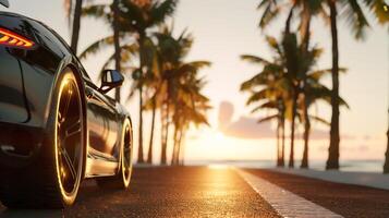 Banner luxury car sunset drive, sleek vehicle on palm-lined road, tropical travel, leisure lifestyle, automotive advertising photo