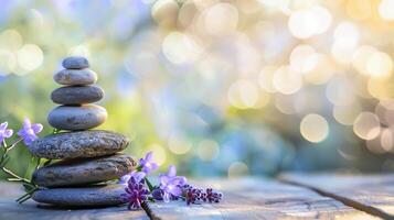 Soothing zen stones with delicate flowers, natural bokeh light for spa, wellness, and peaceful meditation themes. photo