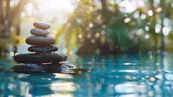 Tropical zen stones in water, spa wellness retreat, serene nature setting with sunlight flare for relaxation and meditation photo