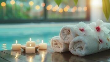 Spa relaxation banner with candles, towels, and flowers by the poolside, ideal for wellness, tranquility, and luxury retreat promotions photo