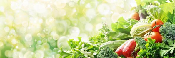 Banner fresh vegetable assortment with dew drops, ideal for organic food advertising and healthy lifestyle concepts photo