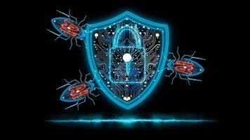 Shield hologram security lock protection bug anti hack to verify and identify technology on blue Fire effect line on the black screen video