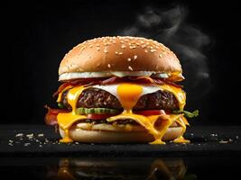 A hamburger with cheese on it is sitting on a black surface photo