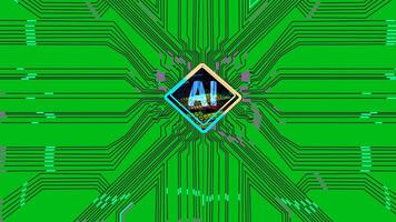 a green circuit board with a blue diamond in the center. Inside the diamond, the letters AI are displayed, symbolizing artificial intelligence. video