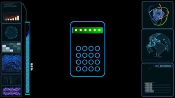 futuristic digital interface with data visualizations and a central security keypad. It includes a bar graph, a circular diagram, a global map, and a security keypad with blue buttons video