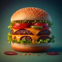 un hamburguesa con queso y Tomates en eso vistoso publicidad antecedentes foto
