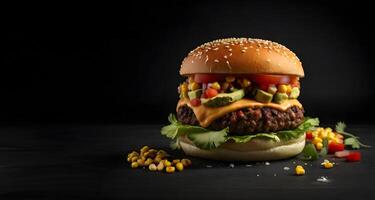 Delicious burger isolated black background and hamburger advertising promotion web banner photo