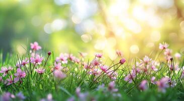 Spring glade in forest with flowering pink flowers in sunny day. Tranquil natural spring landscape with flowers. Blurred forest field background, soft focus. photo