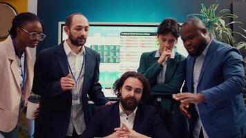 Research team presenting all insight and statistics data they found online, briefing their manager about the work progress and achievements. Employees showing gathered info. Camera B. video