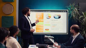 Team leader showing infographics data on interactive board, gathering with workers in a briefing meeting presentation. Colleagues study the reports to adapt to evolving market conditions. Camera B. video