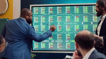 Team of business analysts following stock trade trends on interactive board, developing a new financial strategy to obtain funds. Forecast affiliates working on organizational success. Camera A. video