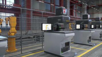 Rows of computerized high voltage machines in warehouse respecting safety measures, 3D rendering. Electric equipment used for automatization processes in logistics depot, 3D animation video