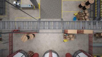 Top down view of industrial facility showcasing rows of high tech machines with control panels and safety signs, 3D render. Manufacturing equipment in automated warehouse, aerial drone shot video