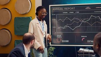 Business employee doing a presentation with project updates and timelines to ensure progress, explaining allocated resources and strategic objectives. Coworkers attend a briefing meeting. Camera A. video