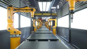 Busy factory with robotic arms used for placing manufactured items on conveyor belts, 3D rendering. Assembly lines and heavy machinery in high tech modern manufacturing warehouse, 3D animation video