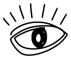 Hand drawn eye icon in simple doodle style. Open black eye with lines. Monochrome design vector