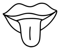 Hand drawn lips with tongue icon in simple doodle style. Woman mouth with lines. Monochrome design vector