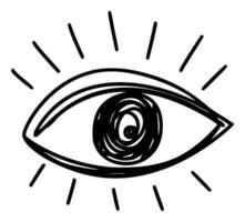 Hand drawn eye icon in simple doodle style. Open black eye with lines. Monochrome design vector