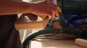 fabricant travail dans menuiserie en utilisant ponçage bloquer à retirer imperfections sur bois pièce. travail du bois spécialiste en utilisant grossier classe papier de verre à faire Manuel ponçage sur bois, caméra une proche en haut video